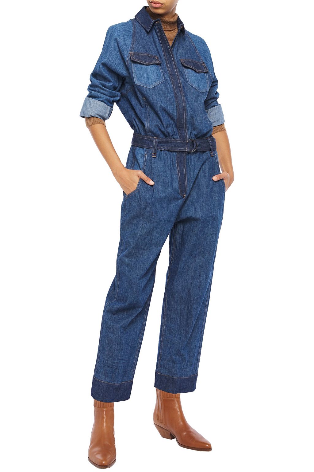BRUNELLO CUCINELLI Cropped belted bead-embellished denim jumpsuit