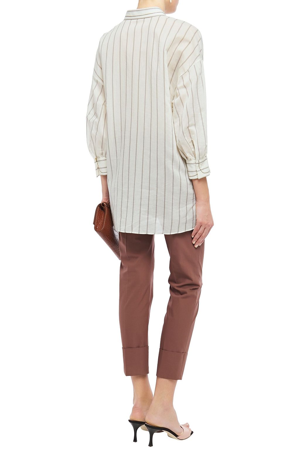 BRUNELLO CUCINELLI Bead-embellished striped cotton and silk-blend shirt
