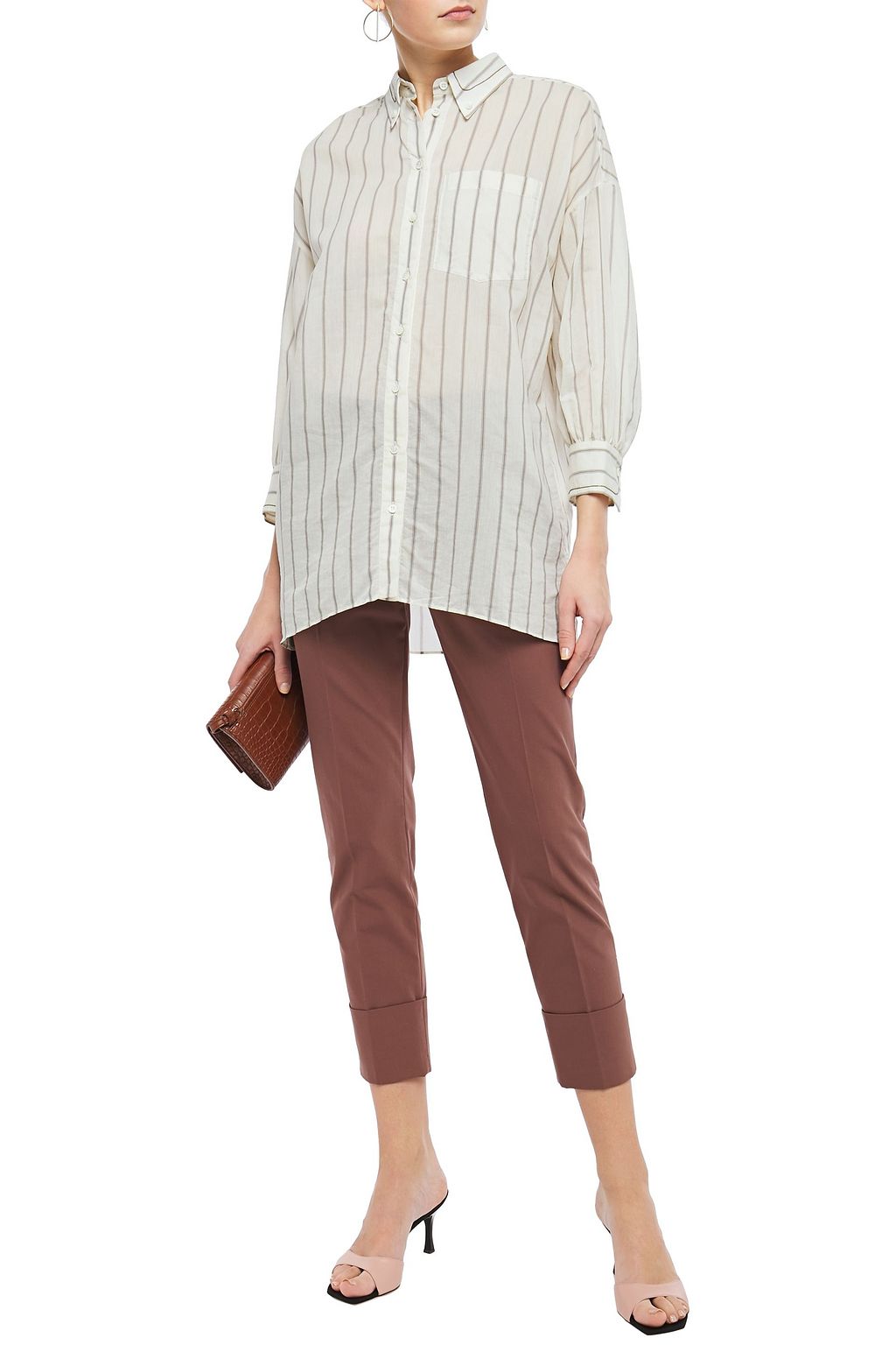 BRUNELLO CUCINELLI Bead-embellished striped cotton and silk-blend shirt