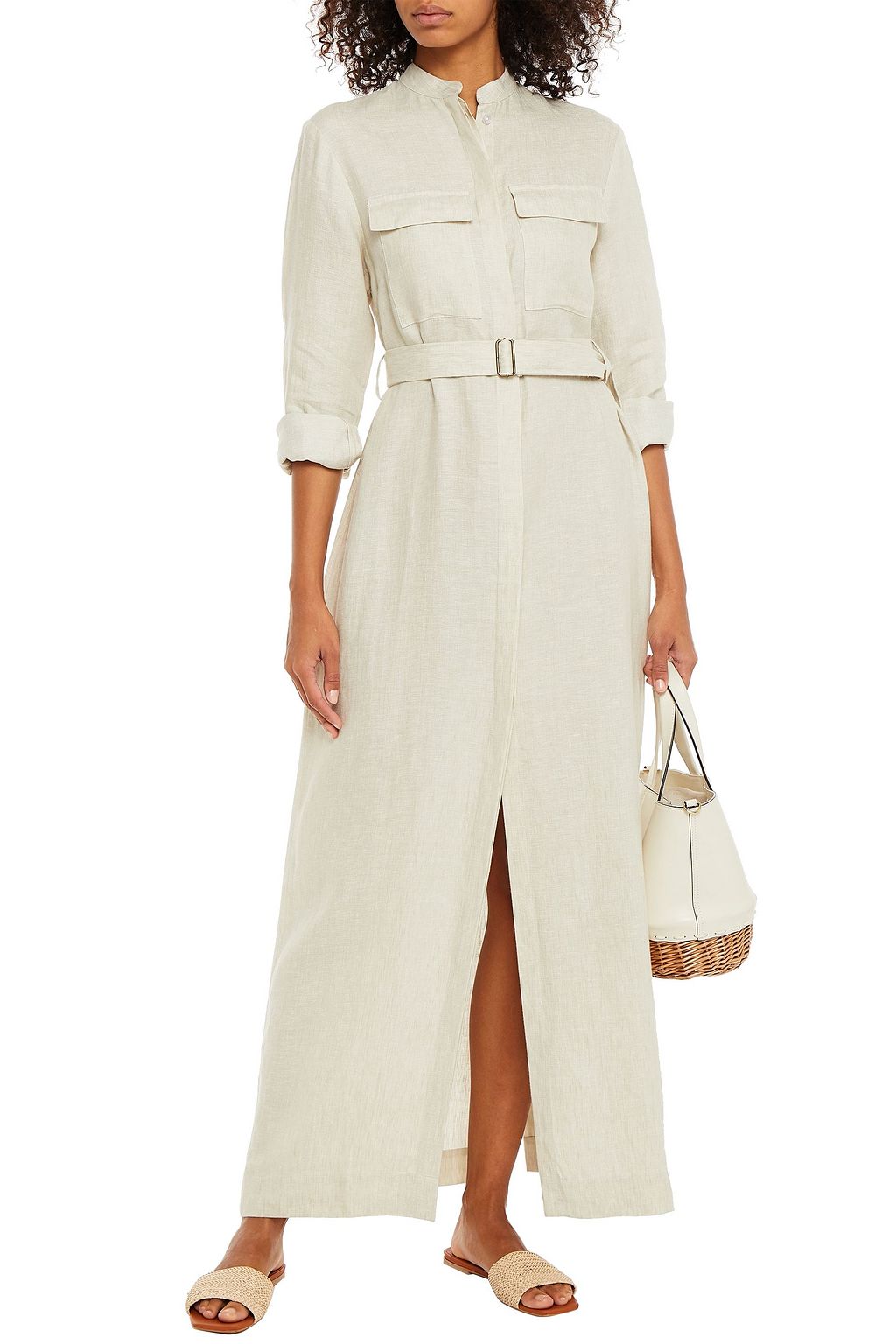 BONDI BORN Belted linen maxi shirt dress