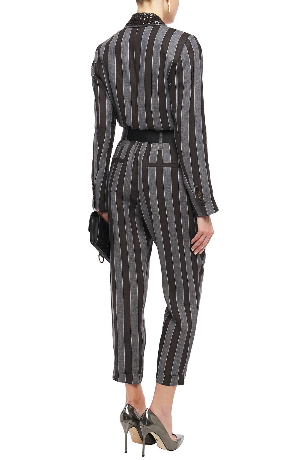 BRUNELLO CUCINELLI Belted embellished striped linen jumpsuit