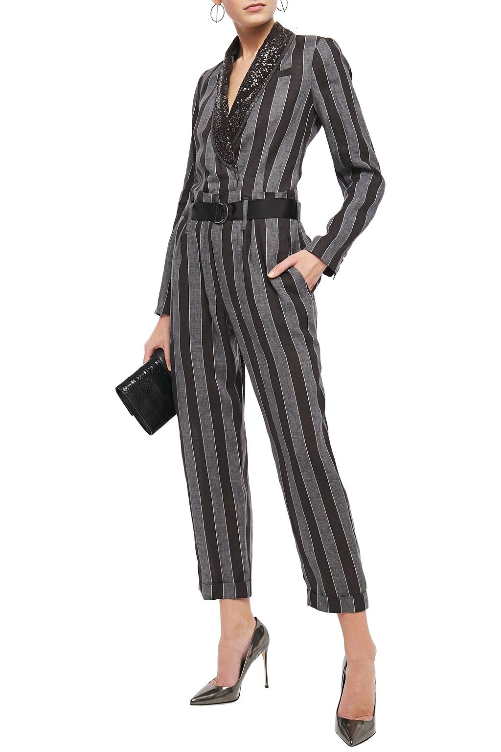 BRUNELLO CUCINELLI Belted embellished striped linen jumpsuit