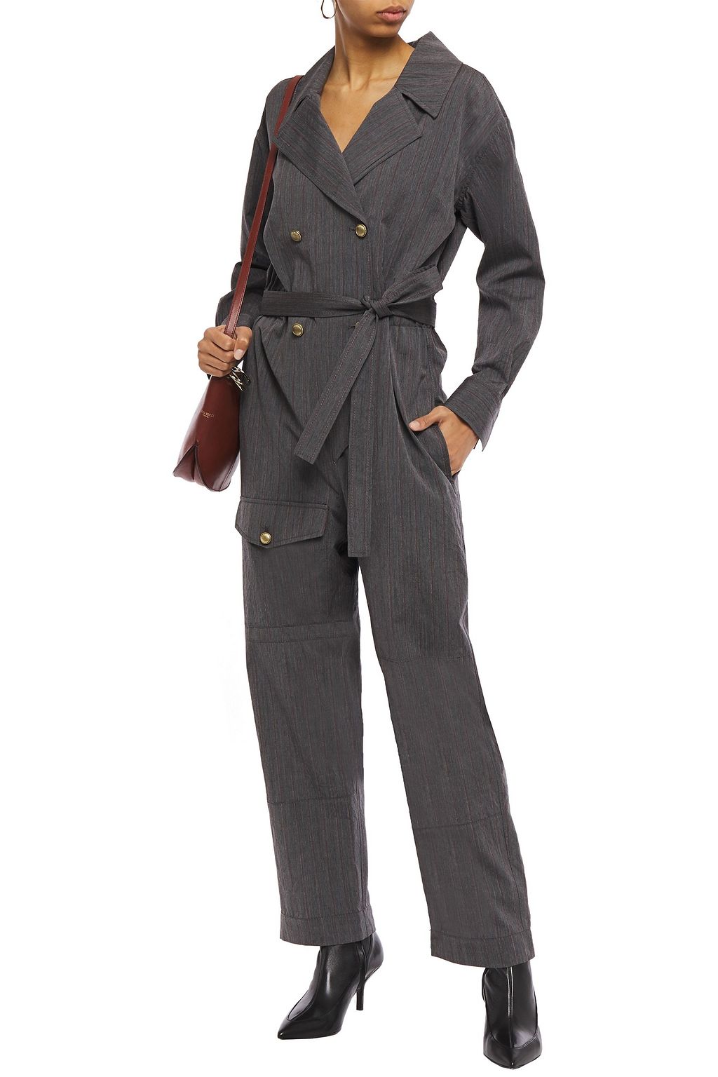 BRUNELLO CUCINELLI Double-breasted belted pinstriped wool jumpsuit
