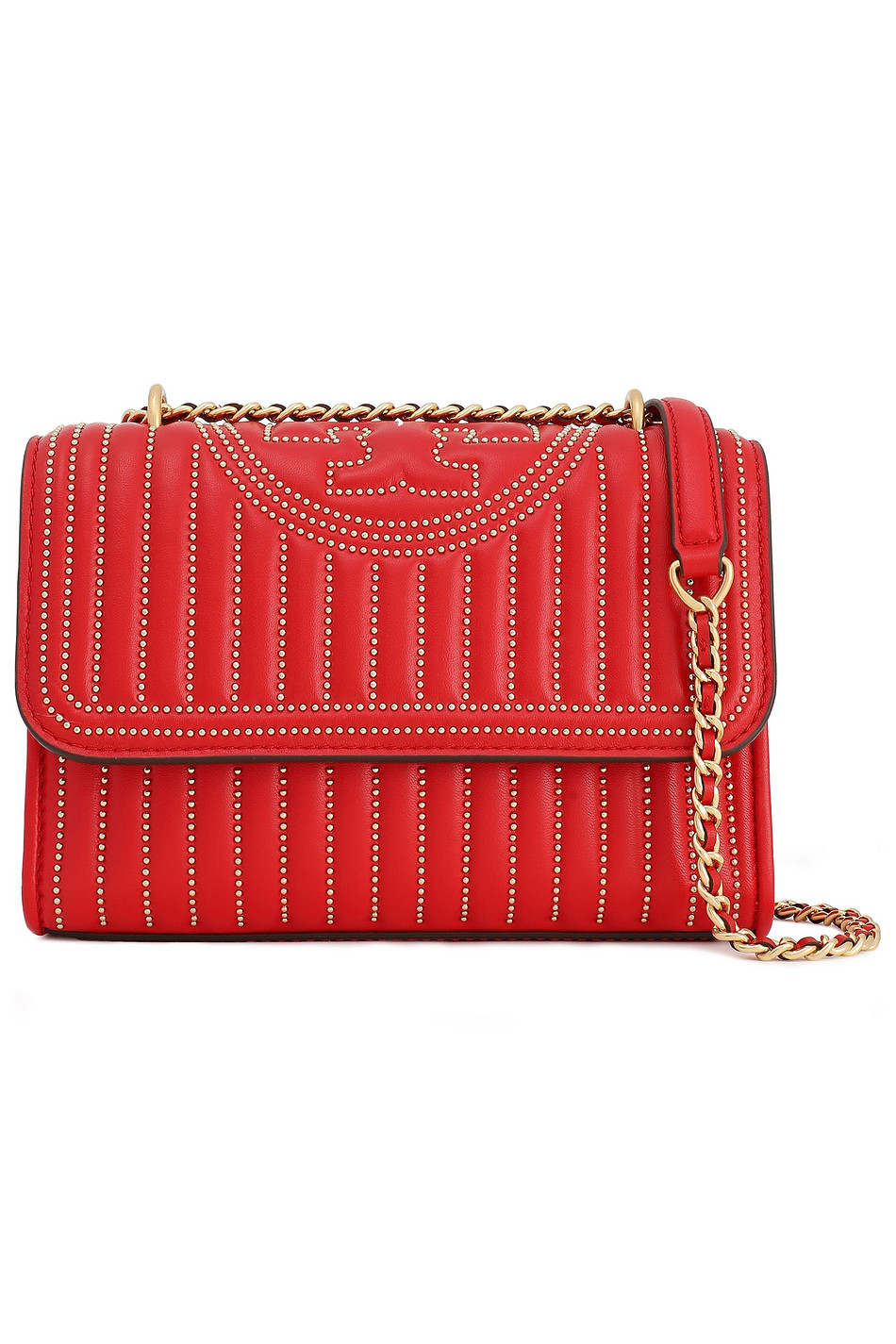 TORY BURCH Fringe-trimmed studded quilted leather shoulder bag