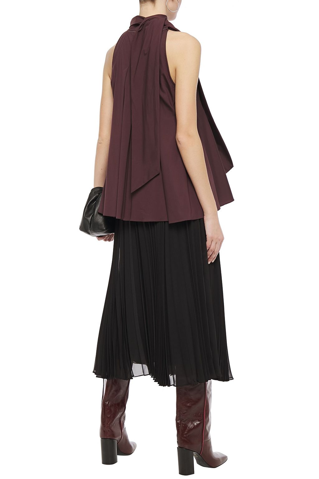 BRUNELLO CUCINELLI Tie-neck pleated cotton-blend poplin top