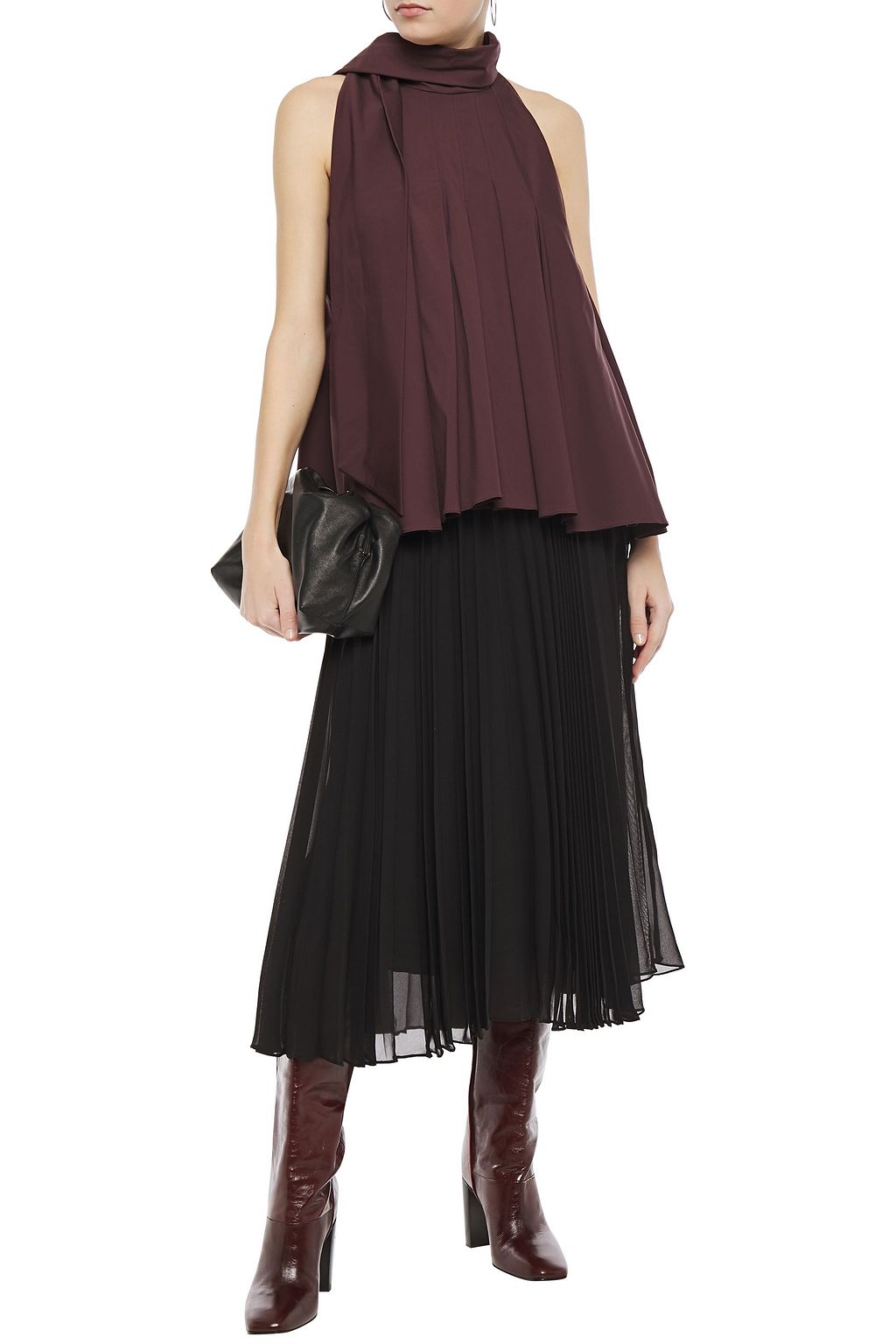 BRUNELLO CUCINELLI Tie-neck pleated cotton-blend poplin top