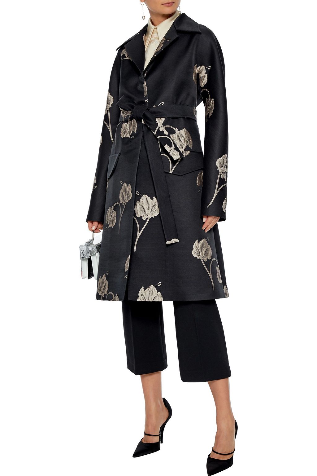 ROCHAS Belted floral-jacquard coat