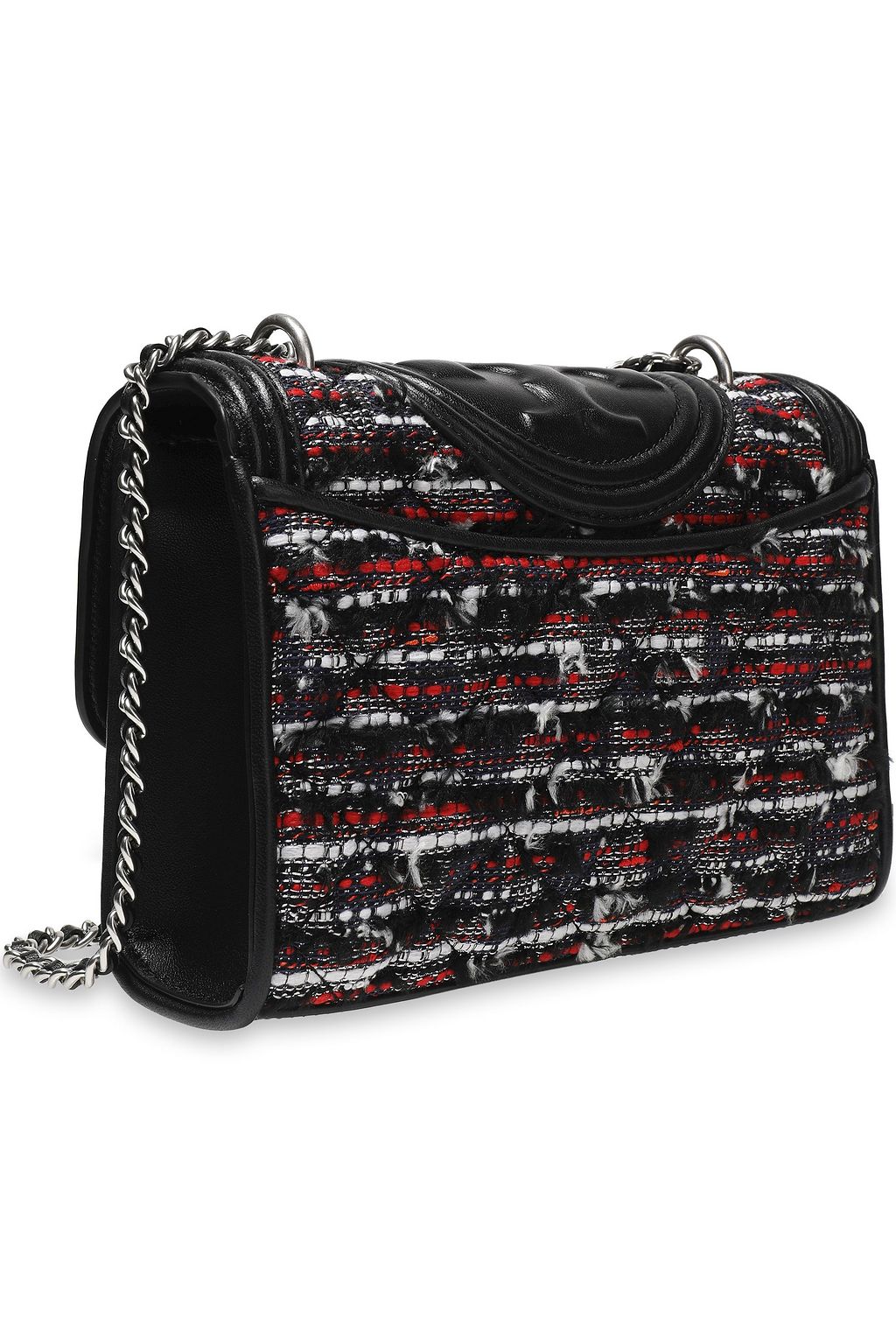 TORY BURCH Tasseled leather-trimmed bouclé-tweed shoulder bag