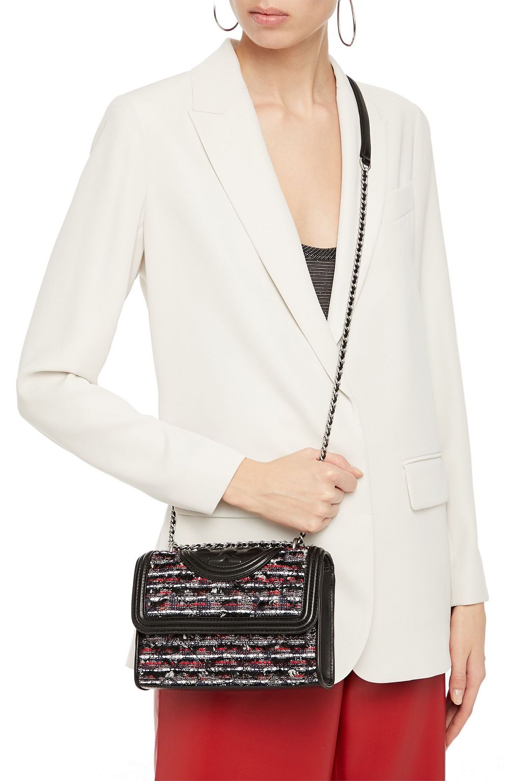 TORY BURCH Tasseled leather-trimmed bouclé-tweed shoulder bag