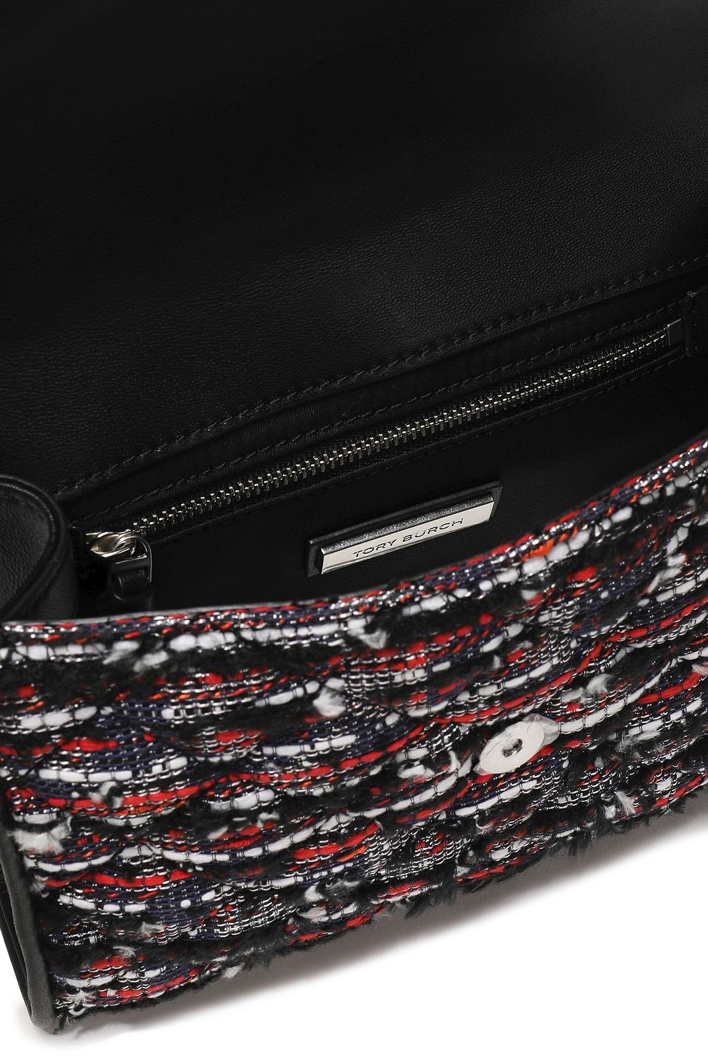 TORY BURCH Tasseled leather-trimmed bouclé-tweed shoulder bag