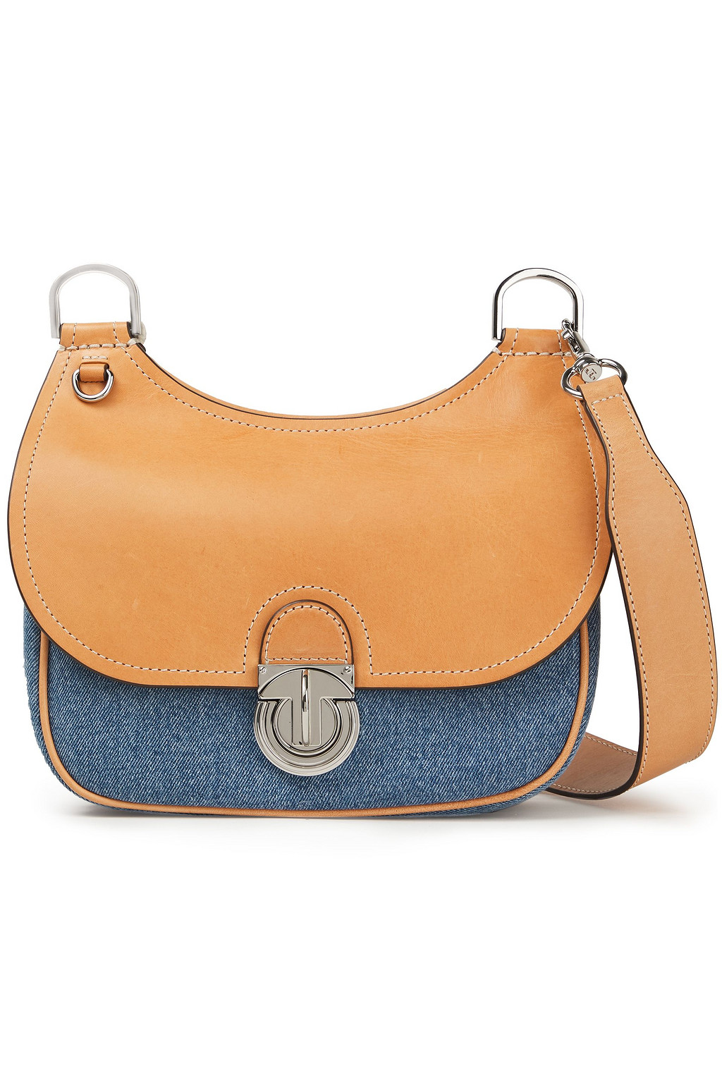 TORY BURCH Leather-paneled two-tone denim shoulder bag