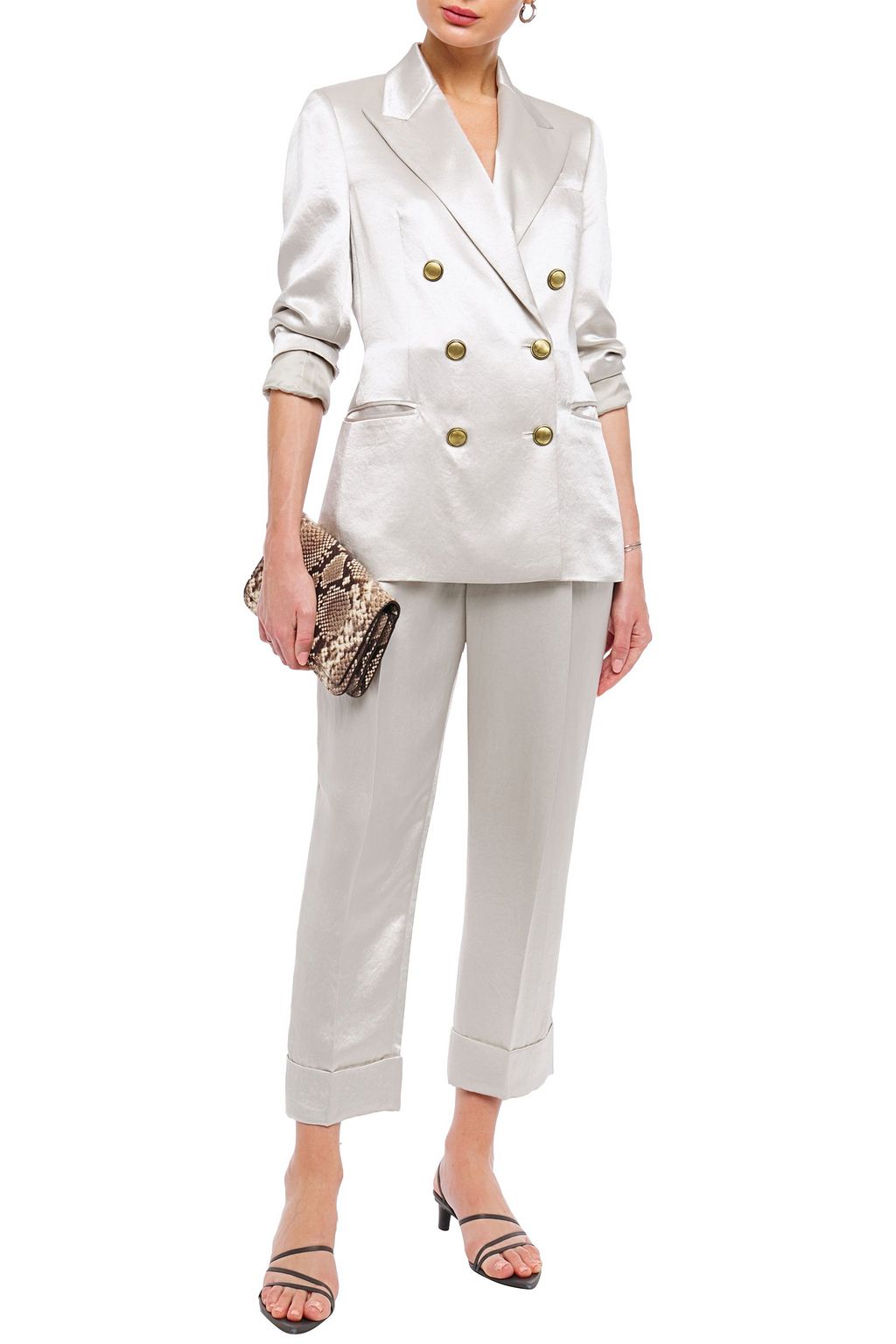 BRUNELLO CUCINELLI Double-breasted bead-embellished crinkled-satin blazer