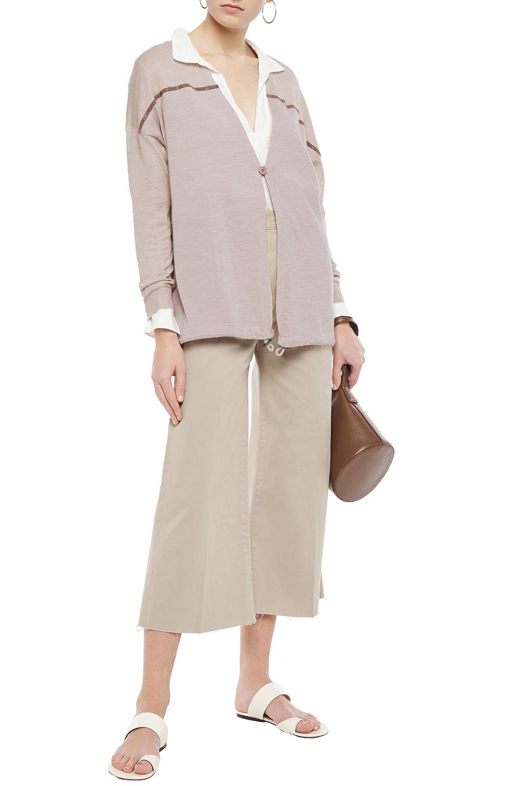 BRUNELLO CUCINELLI Bead-embellished metallic-paneled cashmere and silk-blend cardigan