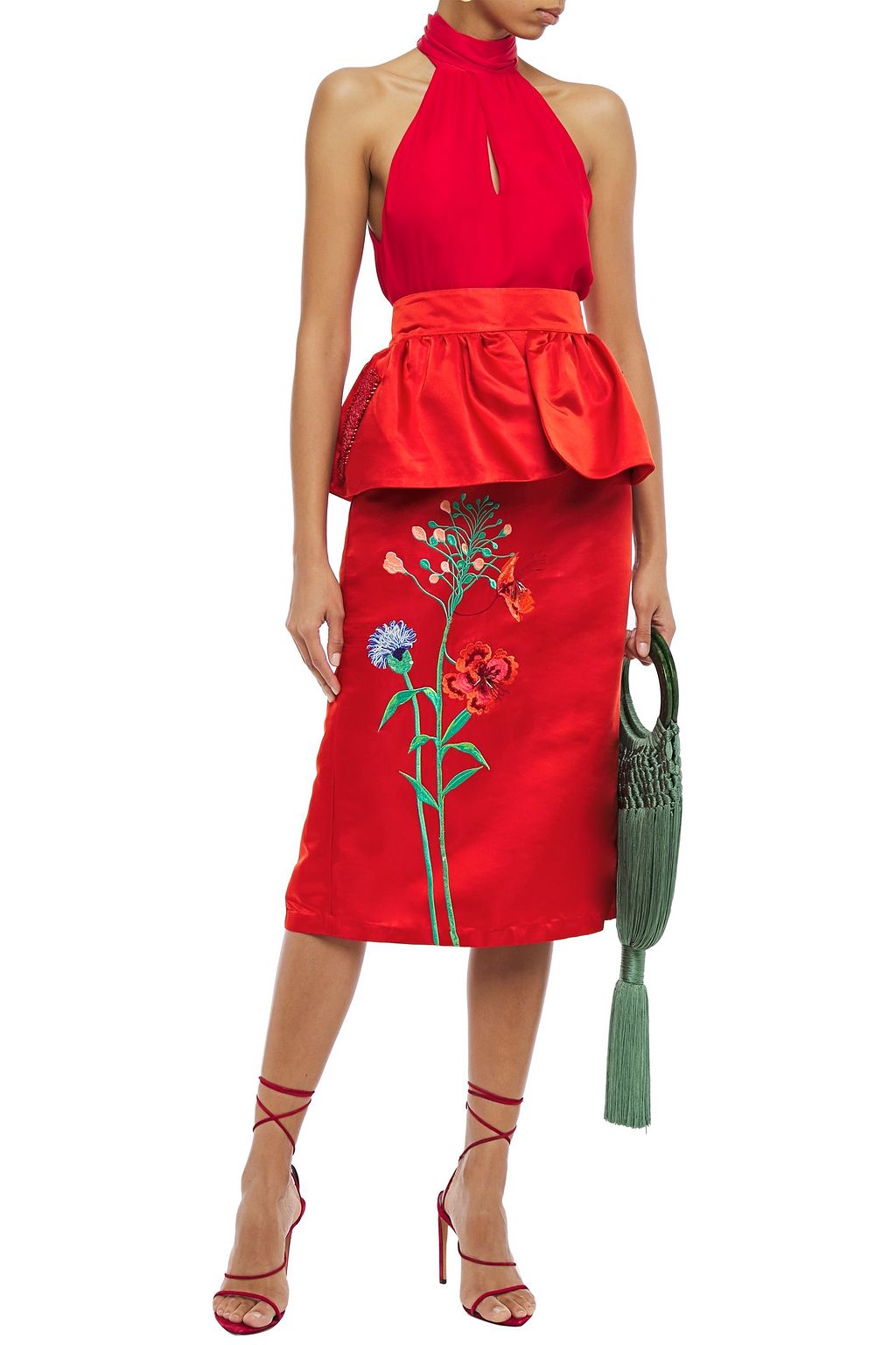 JOHANNA ORTIZ Constantina embellished duchesse-satin peplum midi skirt