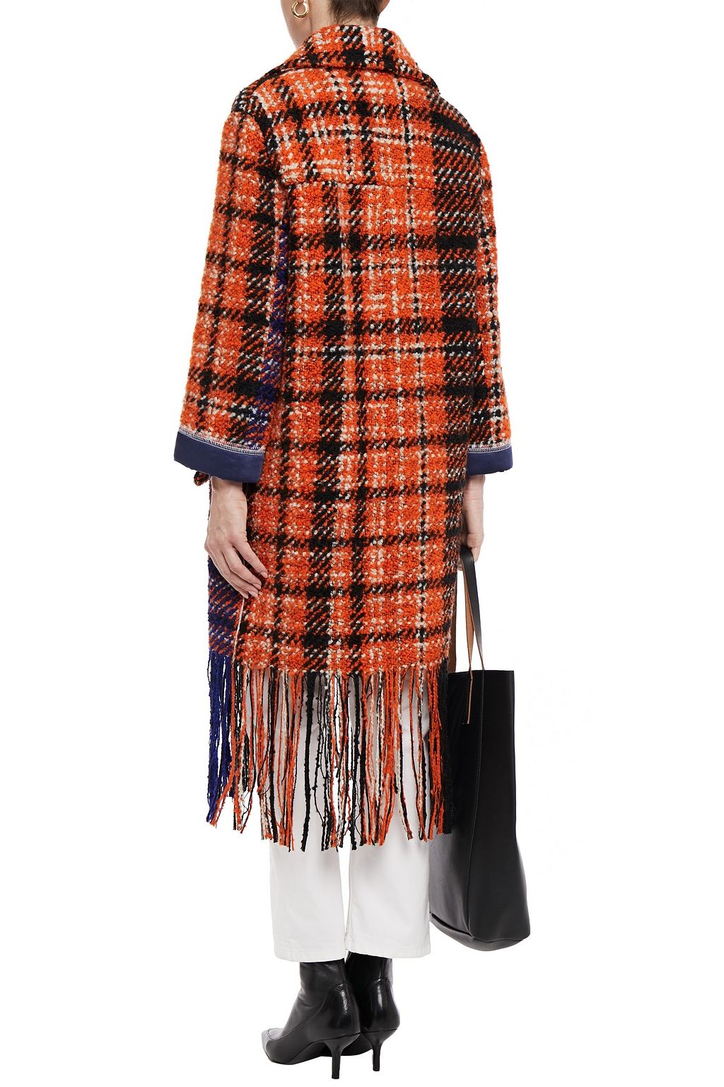MARNI Satin-trimmed fringed checked wool-blend bouclé-tweed coat