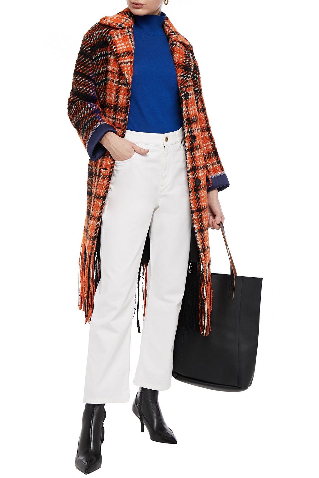 MARNI Satin-trimmed fringed checked wool-blend bouclé-tweed coat