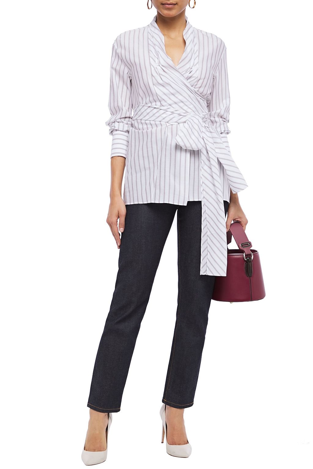BRUNELLO CUCINELLI Striped cotton wrap blouse