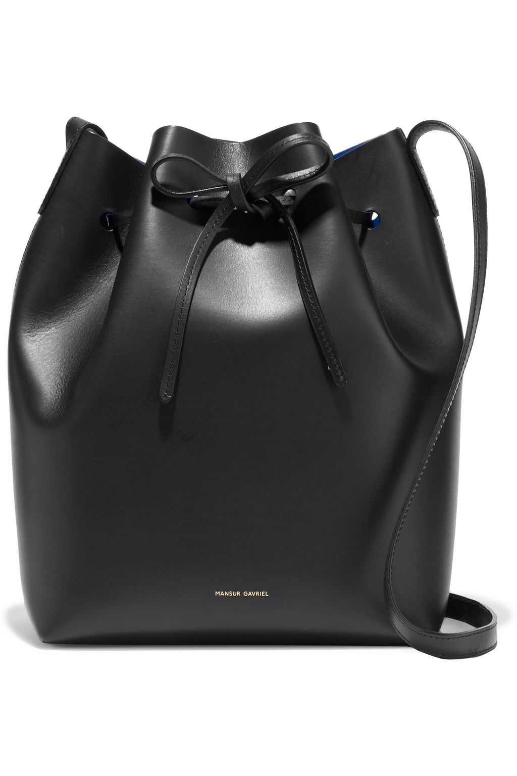 black leather bucket handbag