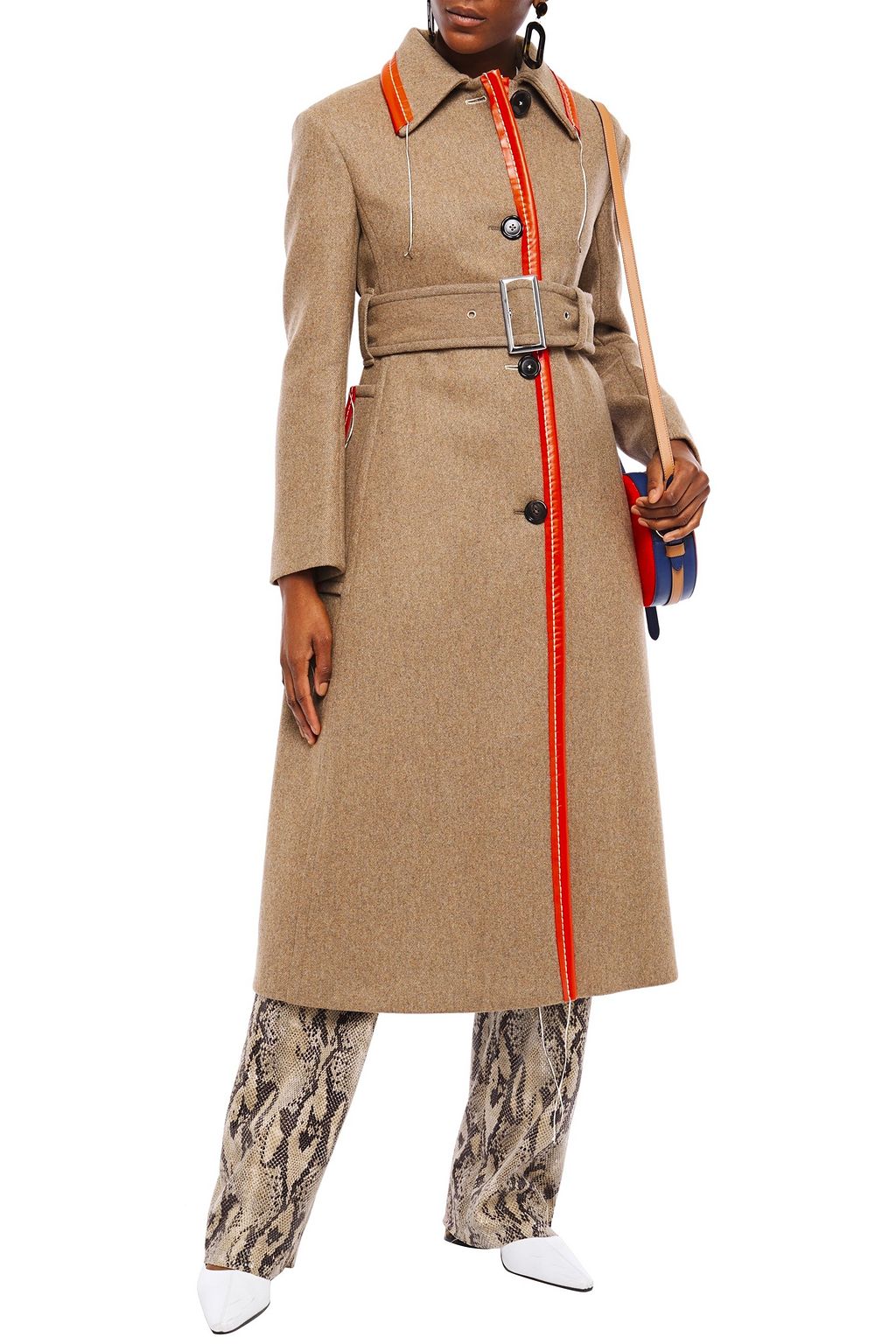 MARNI Faux leather-trimmed brushed wool-blend coat