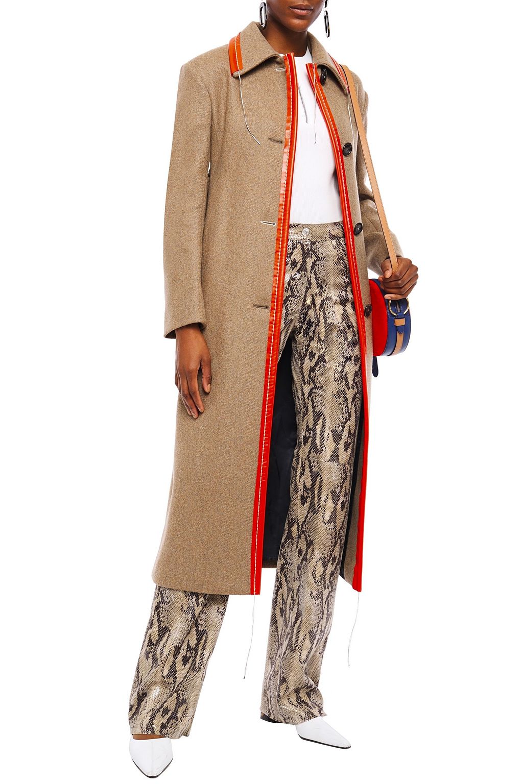 MARNI Faux leather-trimmed brushed wool-blend coat
