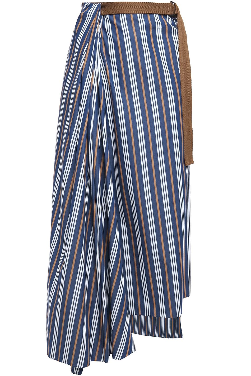 Navy Draped Wrap Effect Striped Cotton Poplin Midi Skirt Sale Up