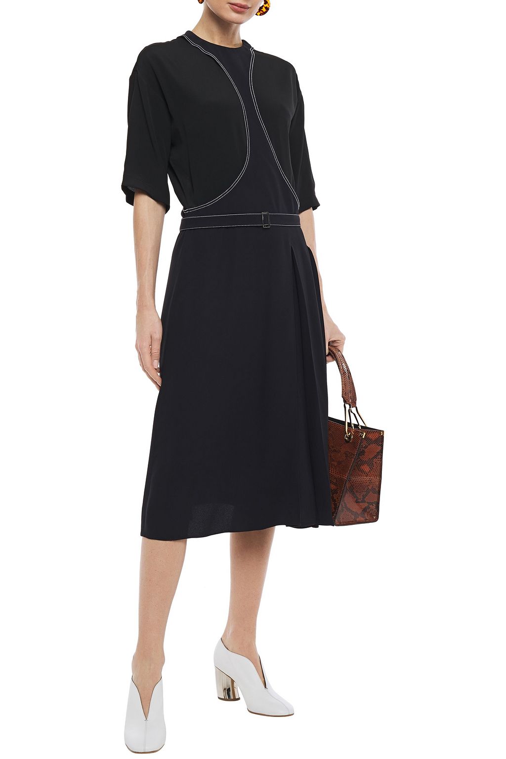 MARNI Belted embroidered crepe midi dress