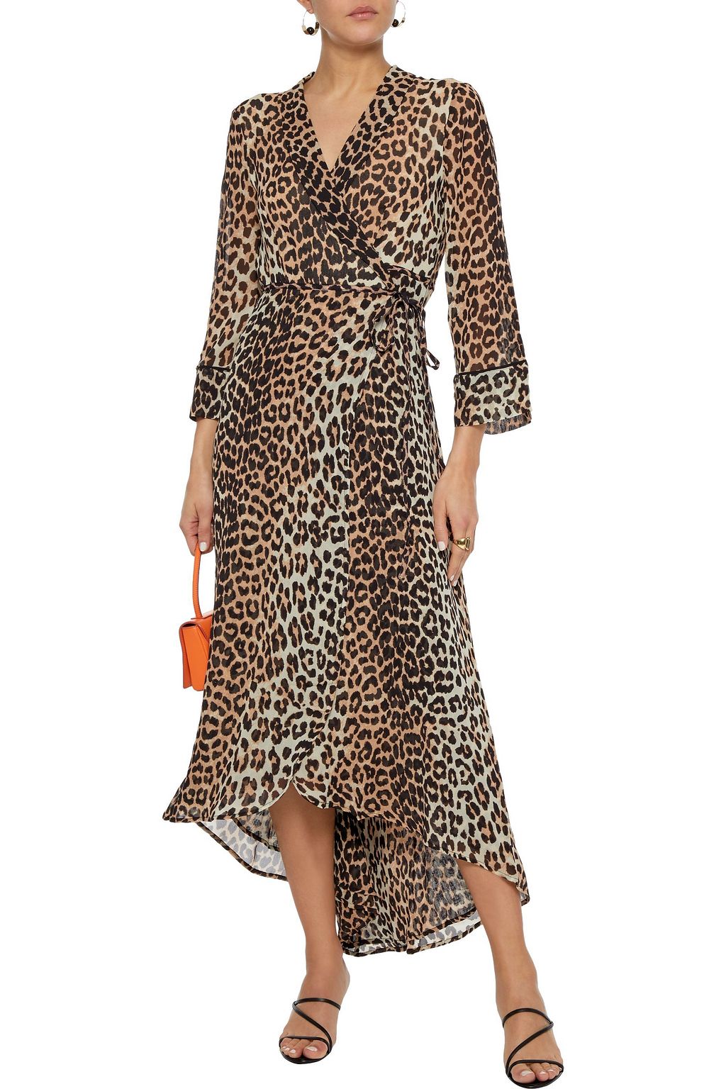 GANNI Asymmetric leopard-print georgette midi wrap dress