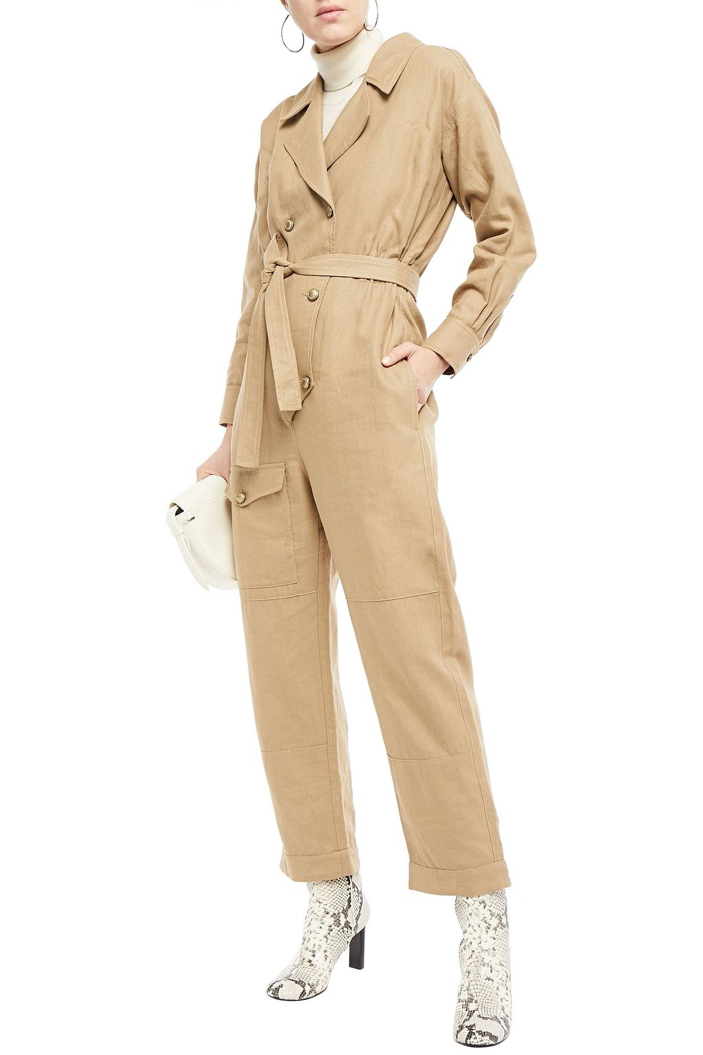 BRUNELLO CUCINELLI Double-breasted cropped linen and cotton-blend twill jumpsuit
