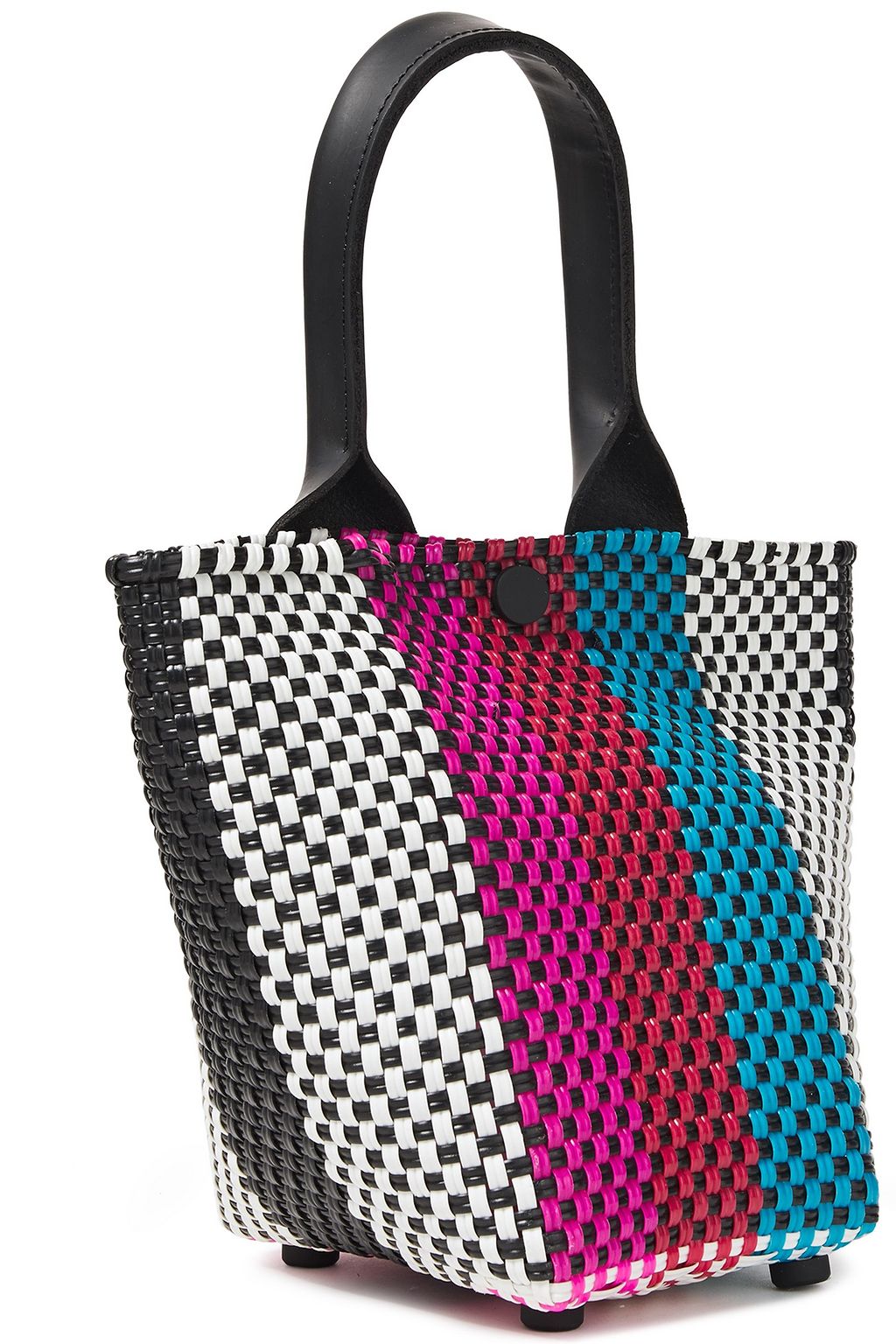 TRUSS Le Mini Sac leather-trimmed striped woven raffia-effect tote