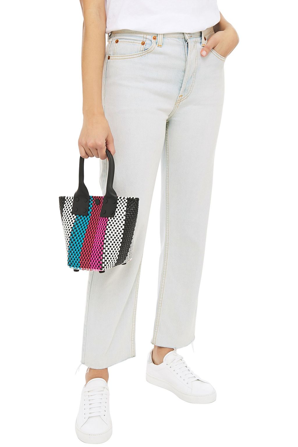 TRUSS Le Mini Sac leather-trimmed striped woven raffia-effect tote