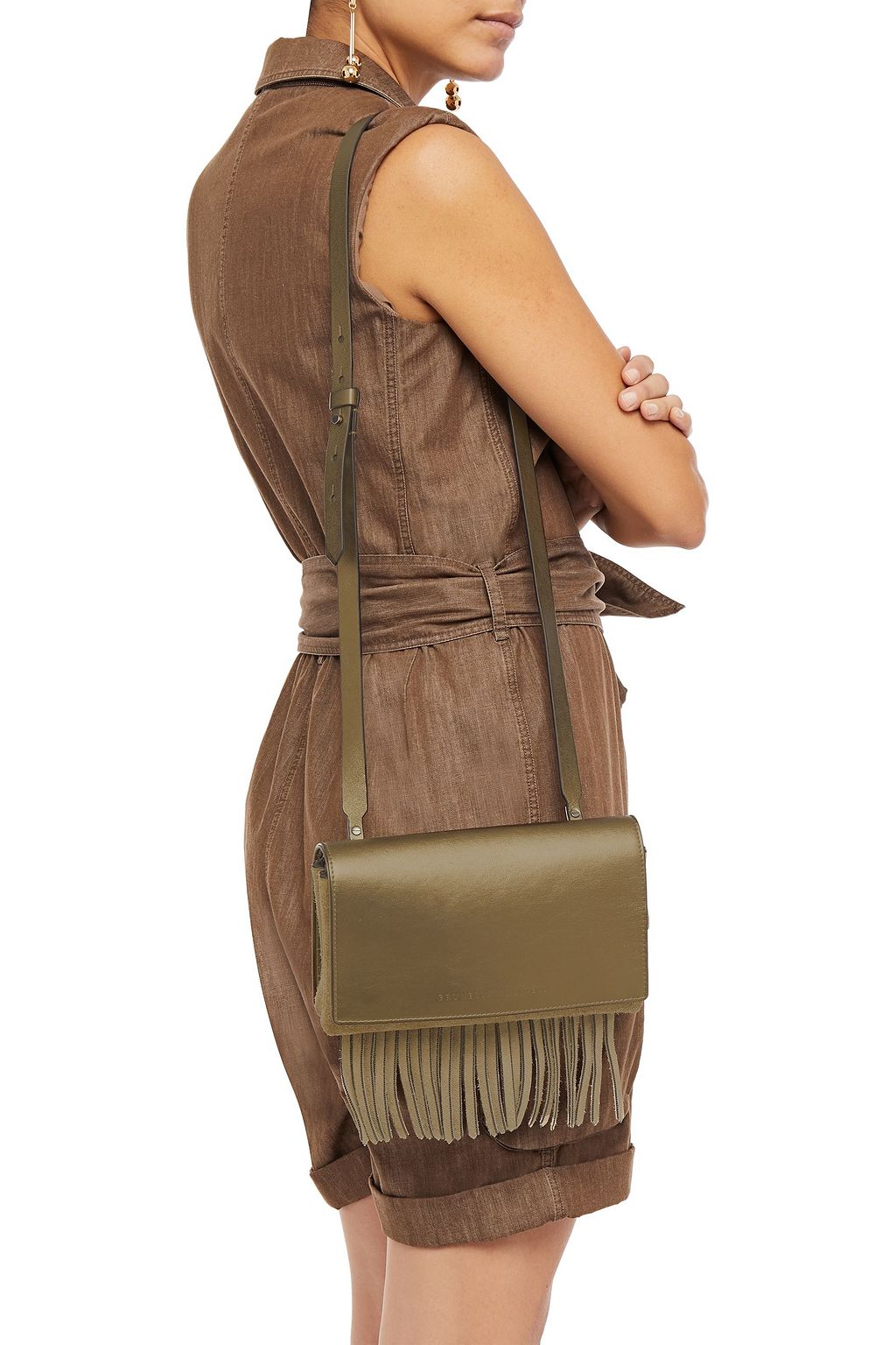 BRUNELLO CUCINELLI Fringed metallic leather and suede shoulder bag