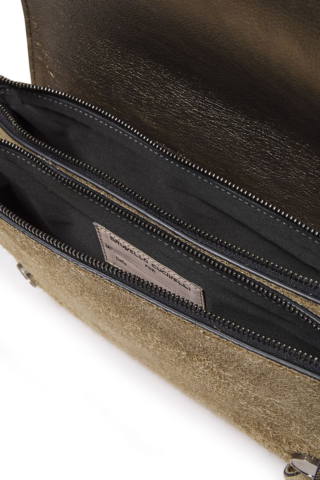BRUNELLO CUCINELLI Fringed metallic leather and suede shoulder bag