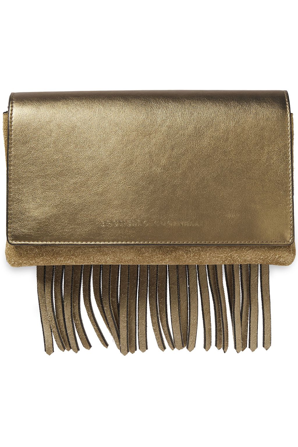 BRUNELLO CUCINELLI Fringed metallic leather and suede shoulder bag