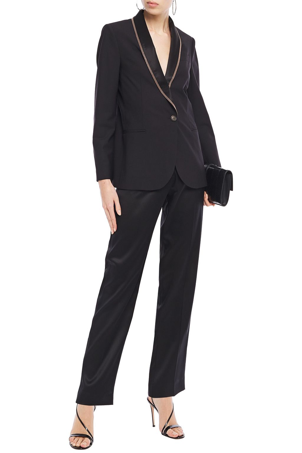 BRUNELLO CUCINELLI Bead-embellished satin-trimmed wool-blend blazer