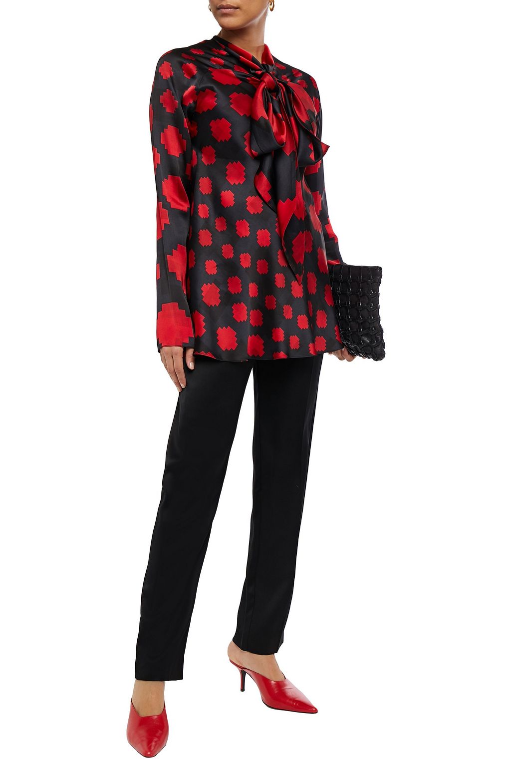 MARNI Pussy-bow printed satin-crepe top