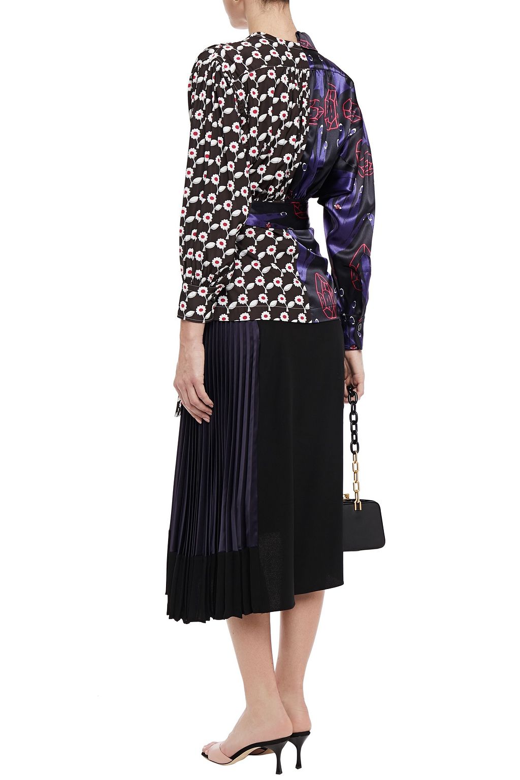 MARNI Asymmetric pleated satin-paneled crepe skirt