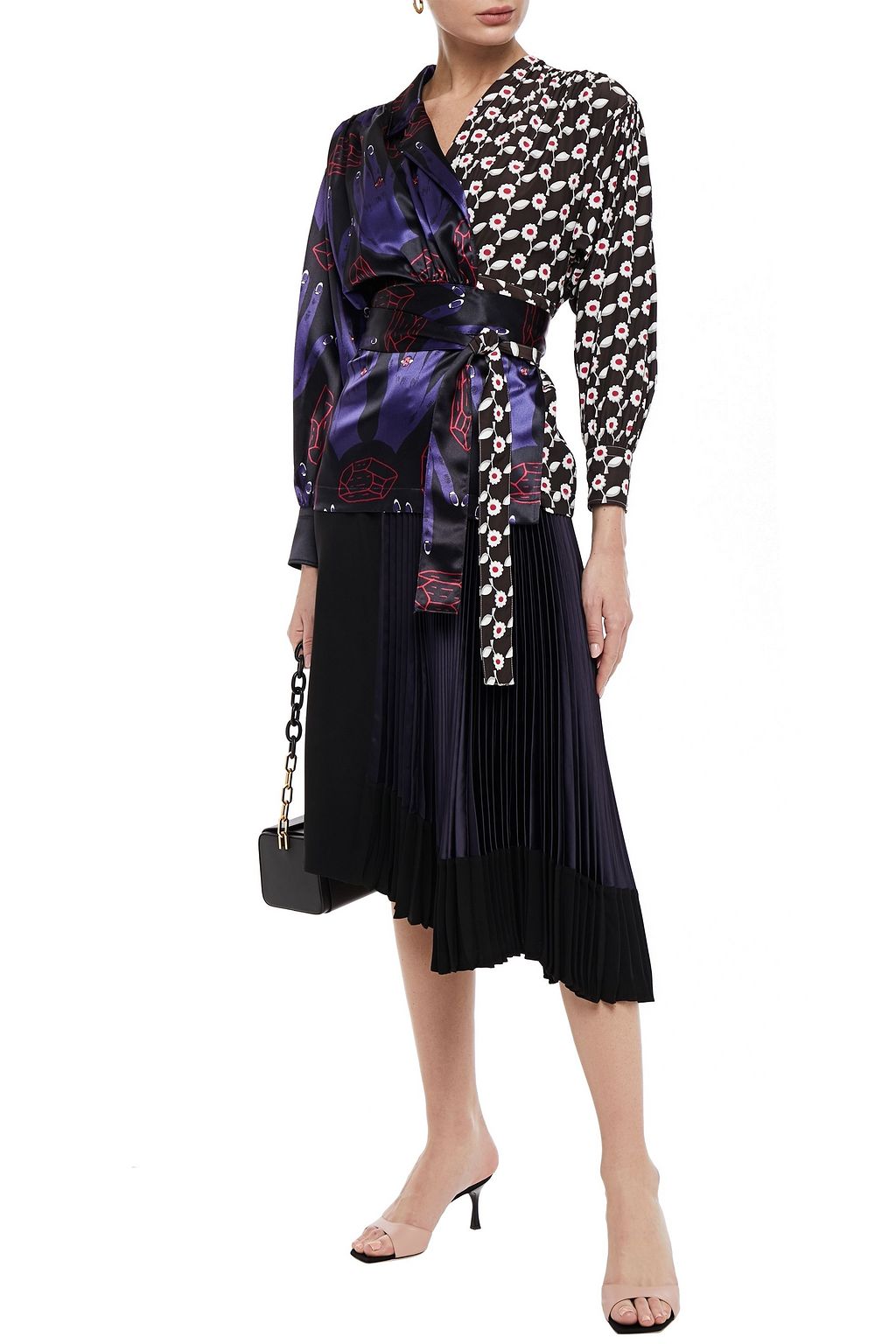 MARNI Asymmetric pleated satin-paneled crepe skirt