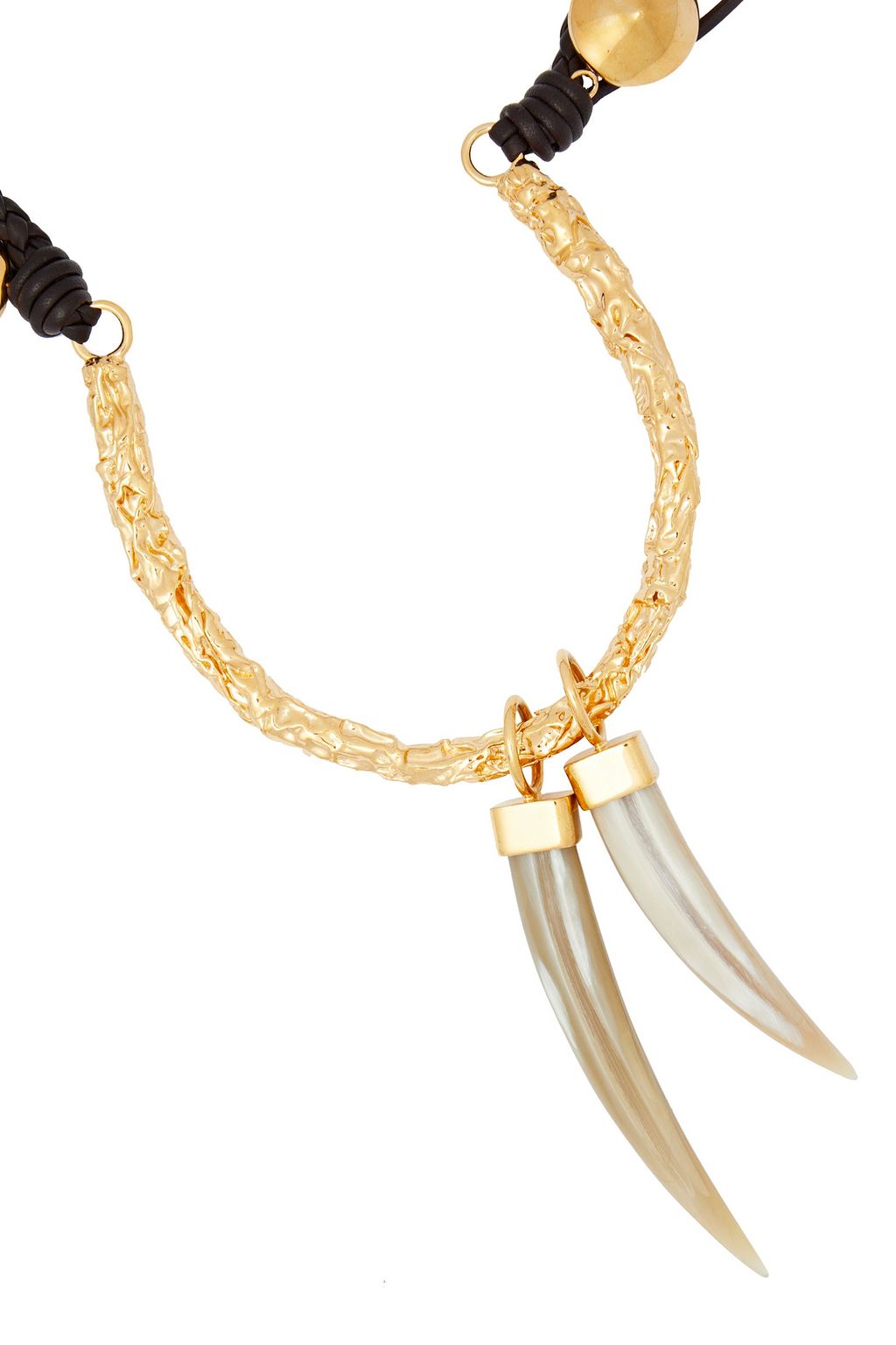 CHLOÉ Gold-tone, horn, bead and leather necklace