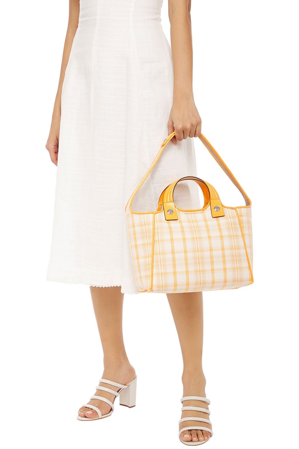 TORY BURCH Leather-trimmed checked woven tote