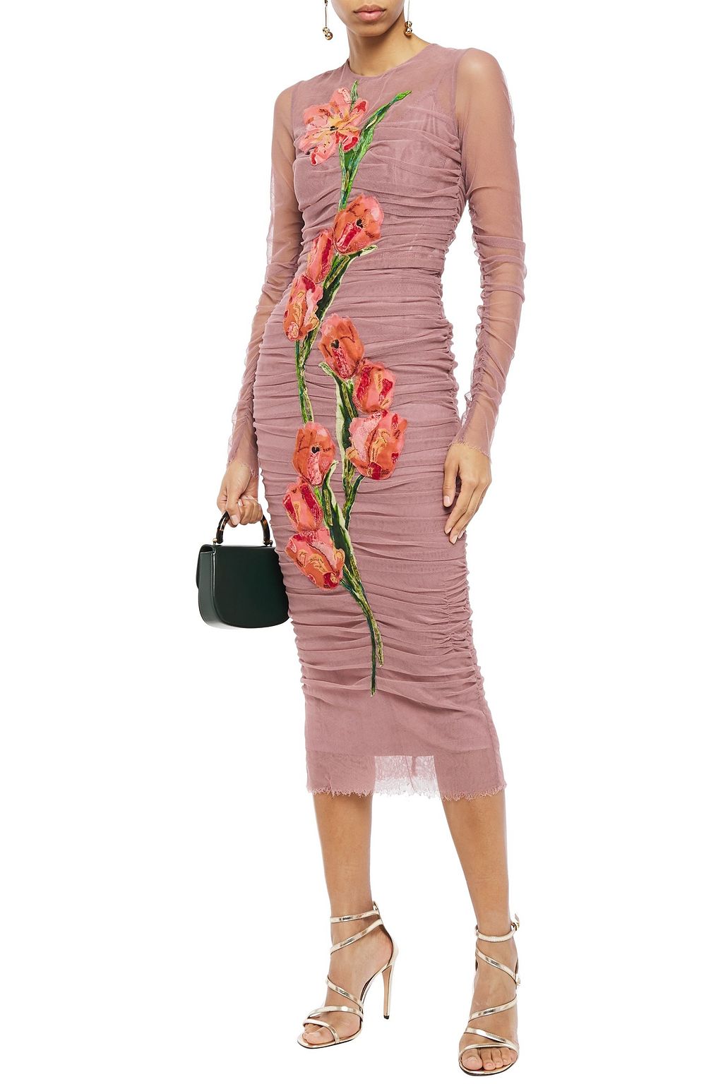 DOLCE&GABBANA Floral-appliquéd ruched tulle midi dress