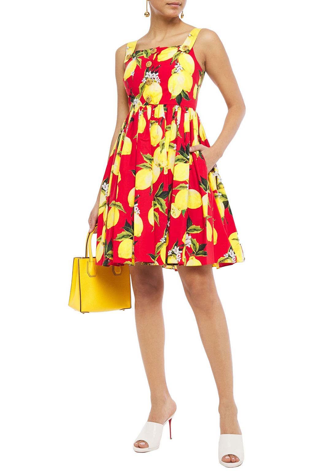 DOLCE&GABBANA Button-embellished pleated printed cotton-poplin mini dress