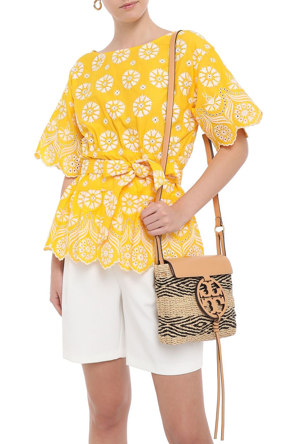 TORY BURCH Leather-paneled striped straw shoulder bag