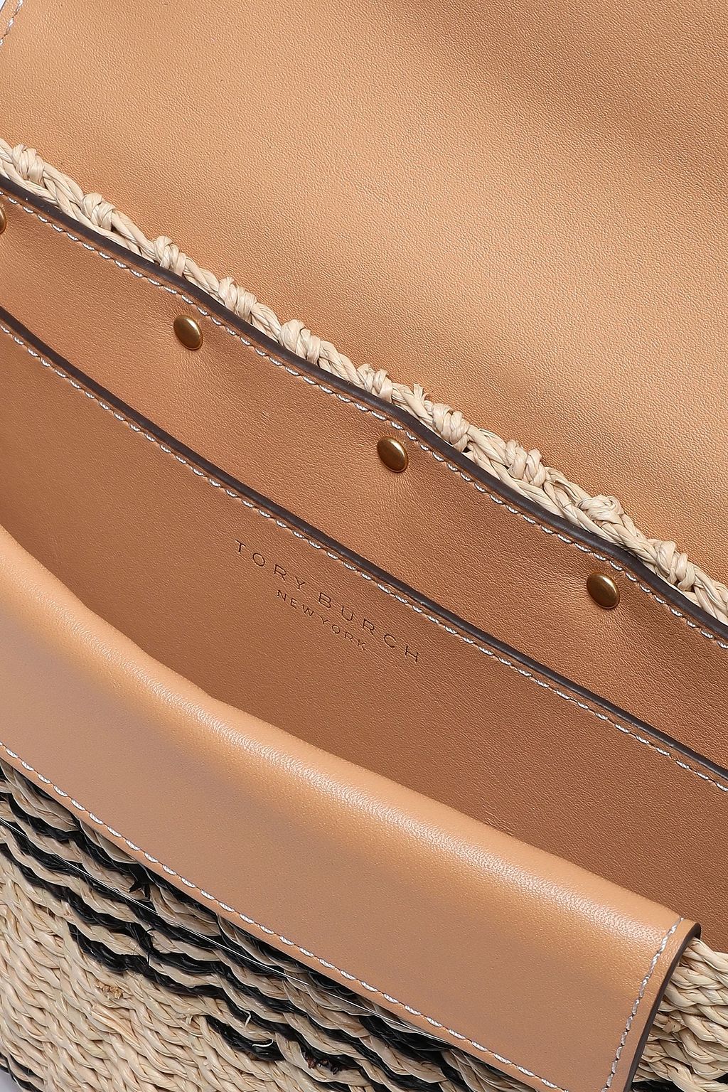 TORY BURCH Leather-paneled striped straw shoulder bag
