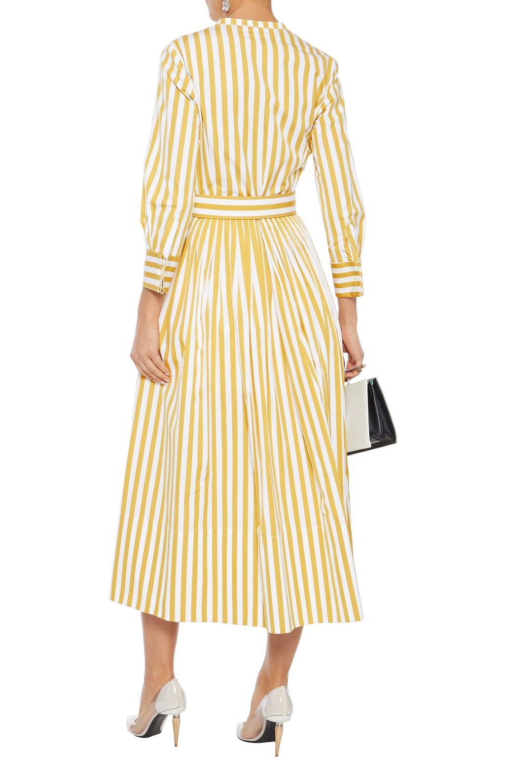 OSCAR DE LA RENTA Belted pleated striped cotton-poplin midi dress
