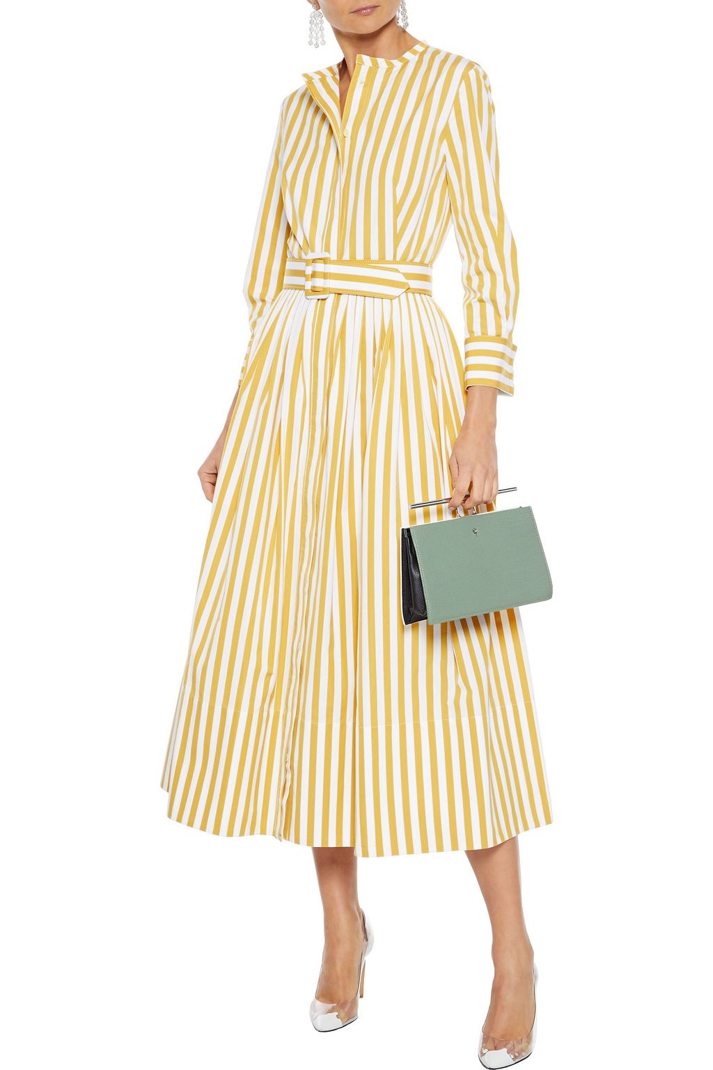 OSCAR DE LA RENTA Belted pleated striped cotton-poplin midi dress