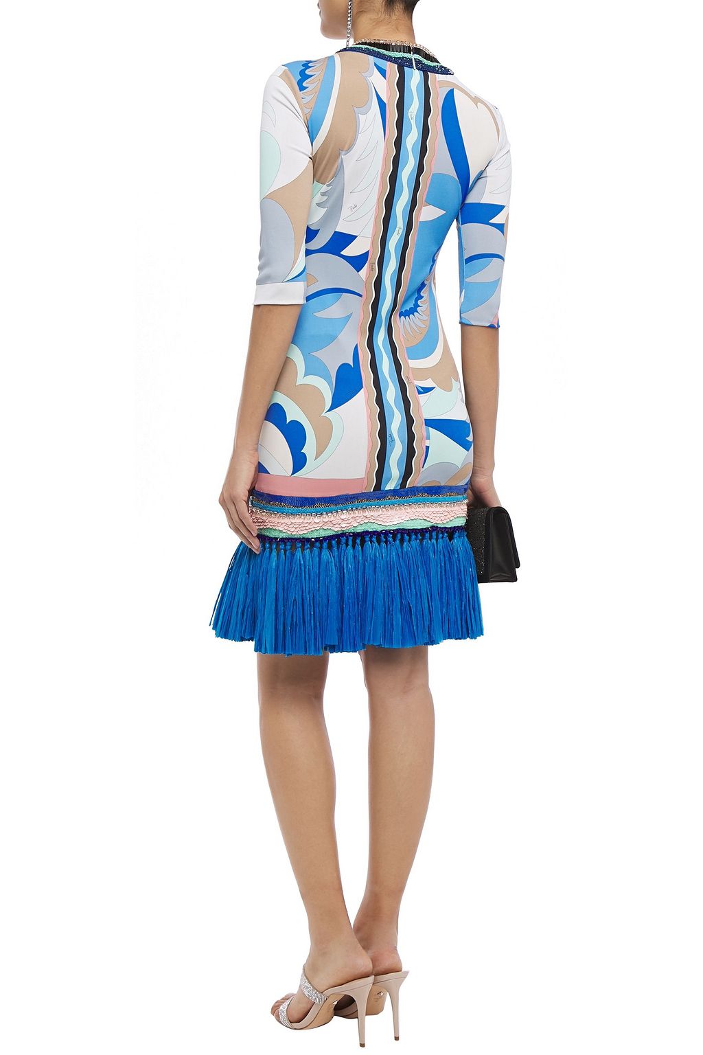 PUCCI Faux raffia-trimmed embellished printed jersey mini dress