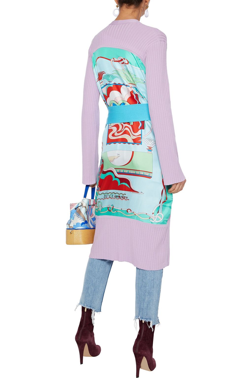 PUCCI Printed satin twill-paneled ribbed cotton cardigan