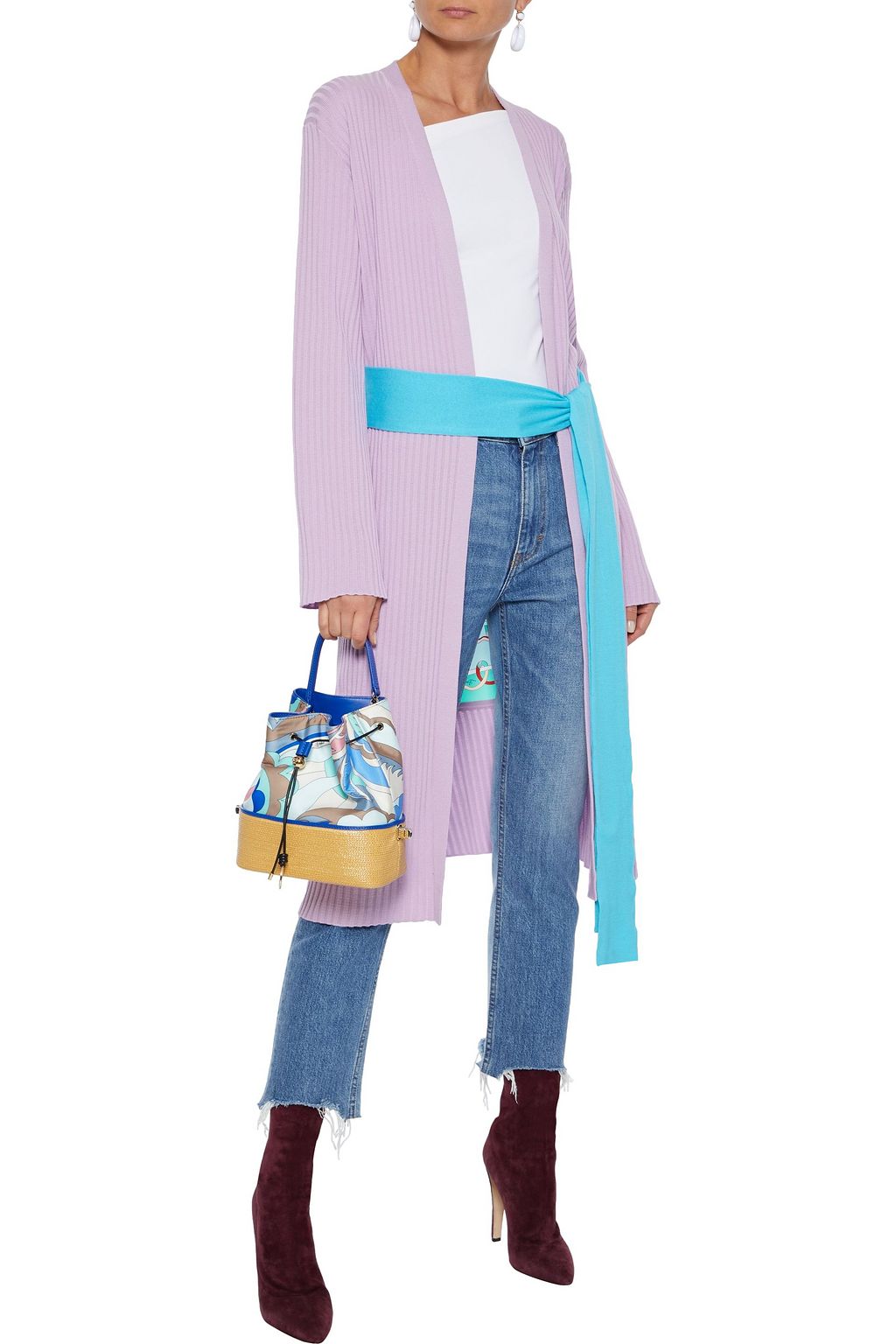 PUCCI Printed satin twill-paneled ribbed cotton cardigan