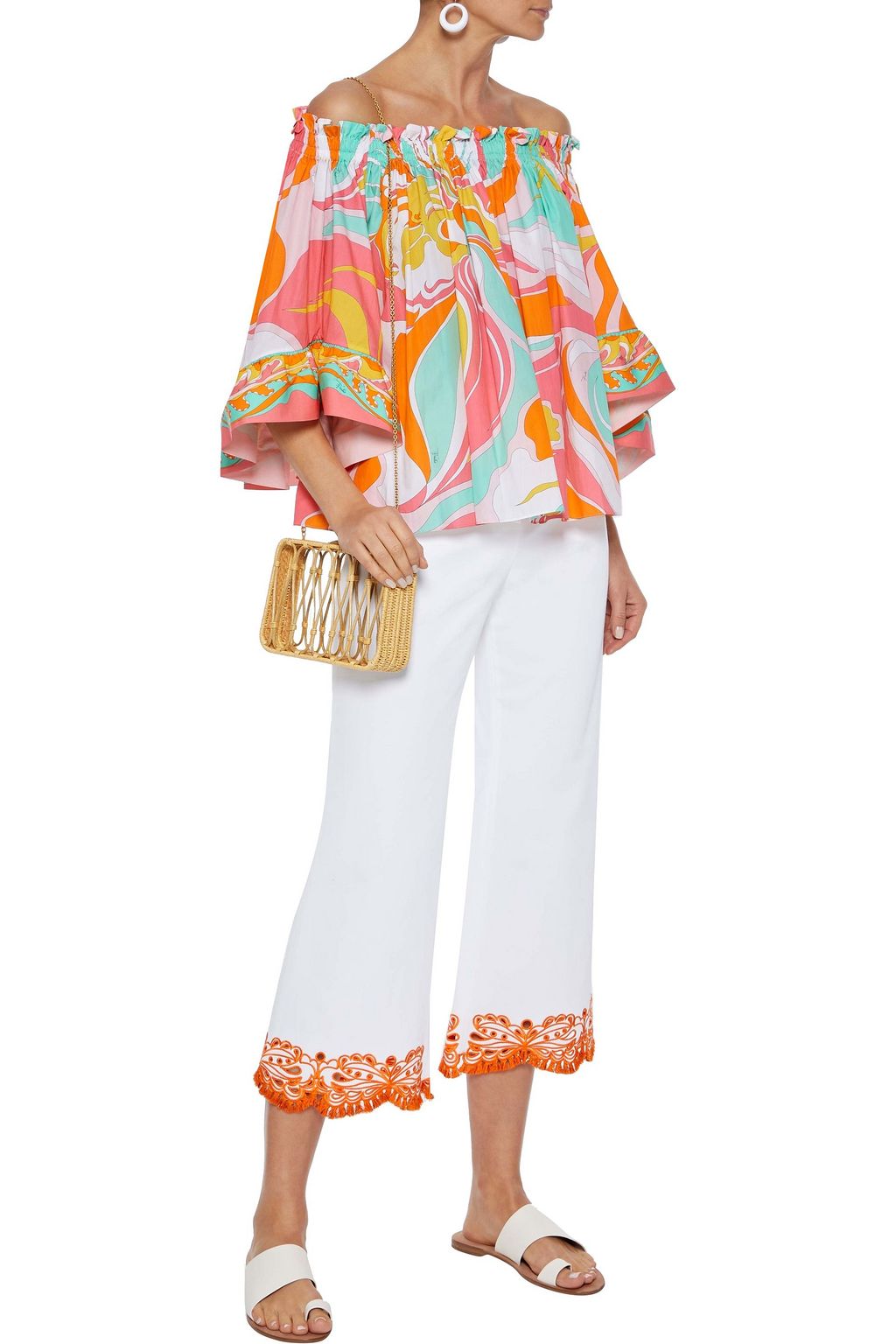 PUCCI Cropped broderie anglaise-trimmed cotton-blend twill wide-leg pants
