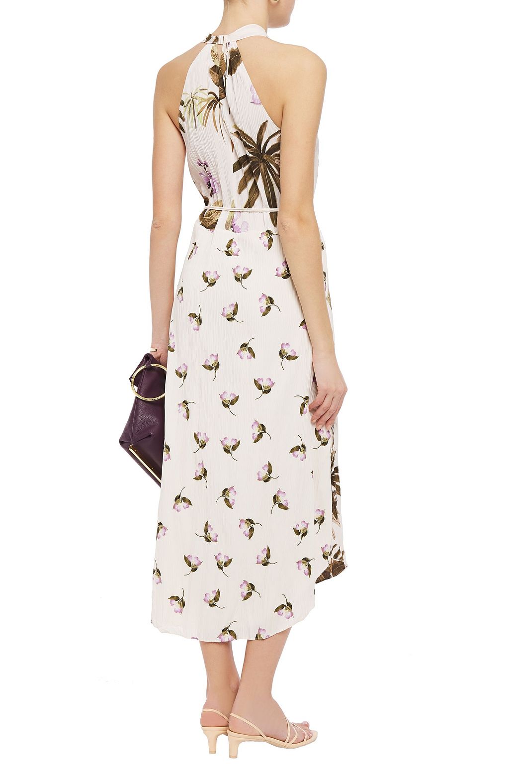 VINCE. Belted floral-print plissé-crepe midi dress